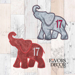 Delta Sigma Theta glitter elephant iron-on patches, trunk up, crimson and silver, line 17.