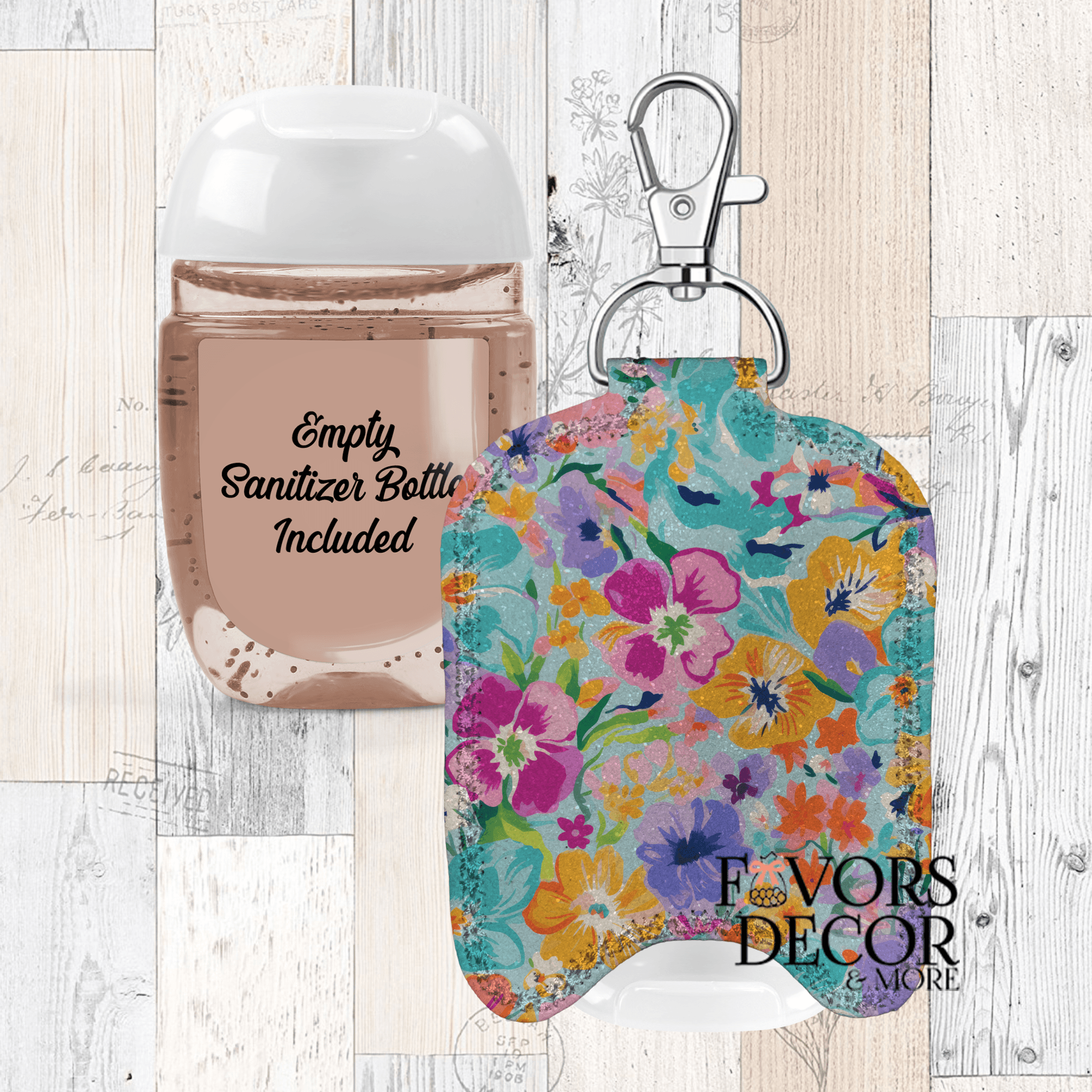 Hand Sanitizer Holder β Custom Printed Glitter Fabric Includes Empty Bottle - Favors Decor and More