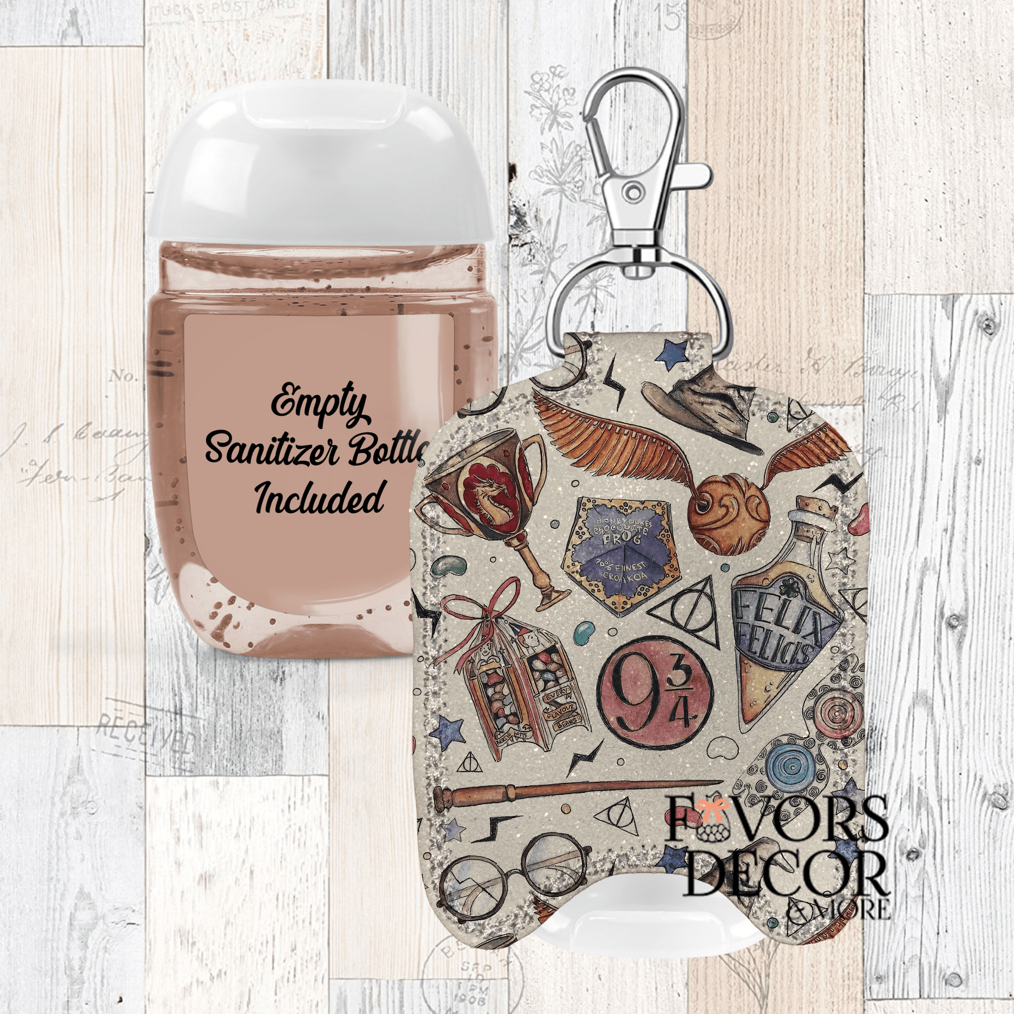 Hand Sanitizer Holder β Custom Printed Glitter Fabric Includes Empty Bottle - Favors Decor and More