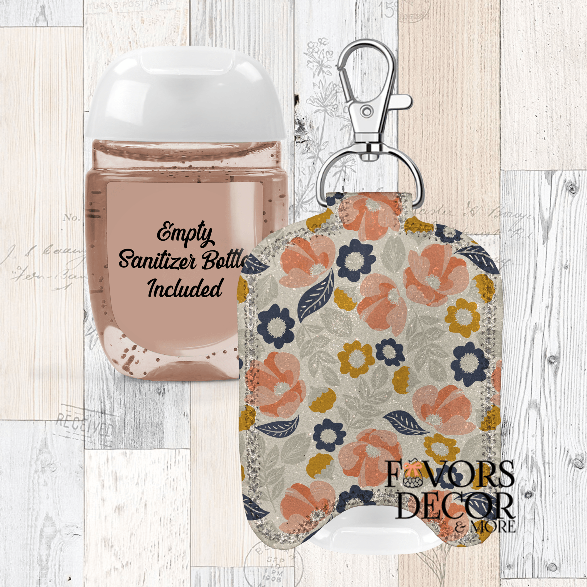Hand Sanitizer Holder β Custom Printed Glitter Fabric Includes Empty Bottle - Favors Decor and More