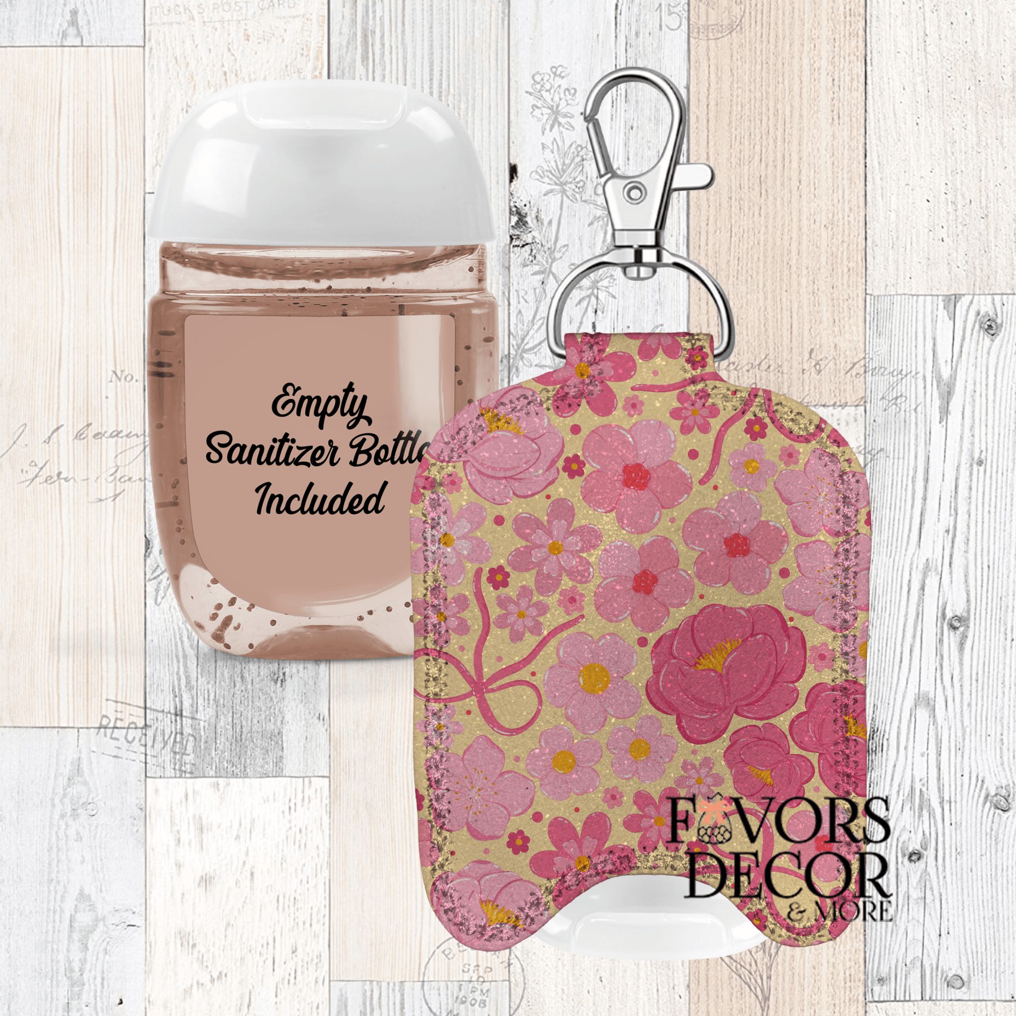 Hand Sanitizer Holder β Custom Printed Glitter Fabric Includes Empty Bottle - Favors Decor and More