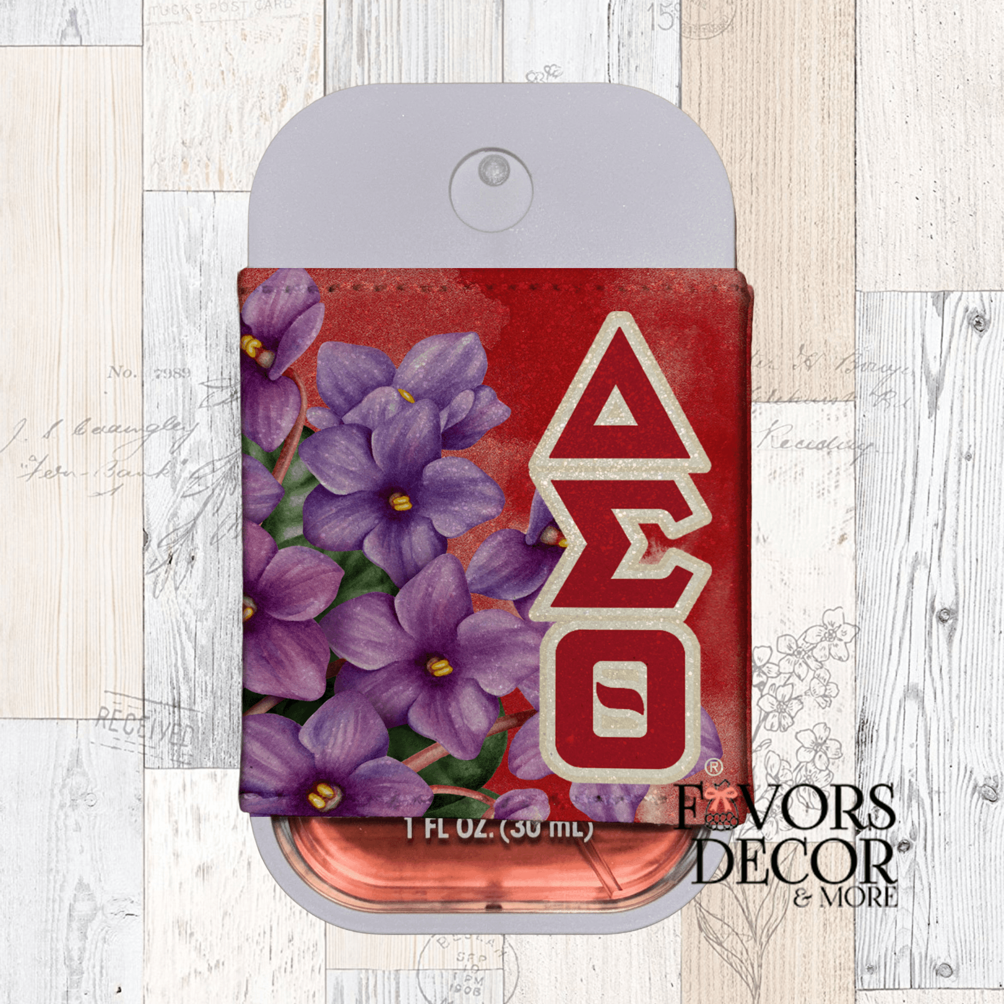 Spray Sanitizer Holder - Violets and Delta Greek Letters - Favors Decor and More