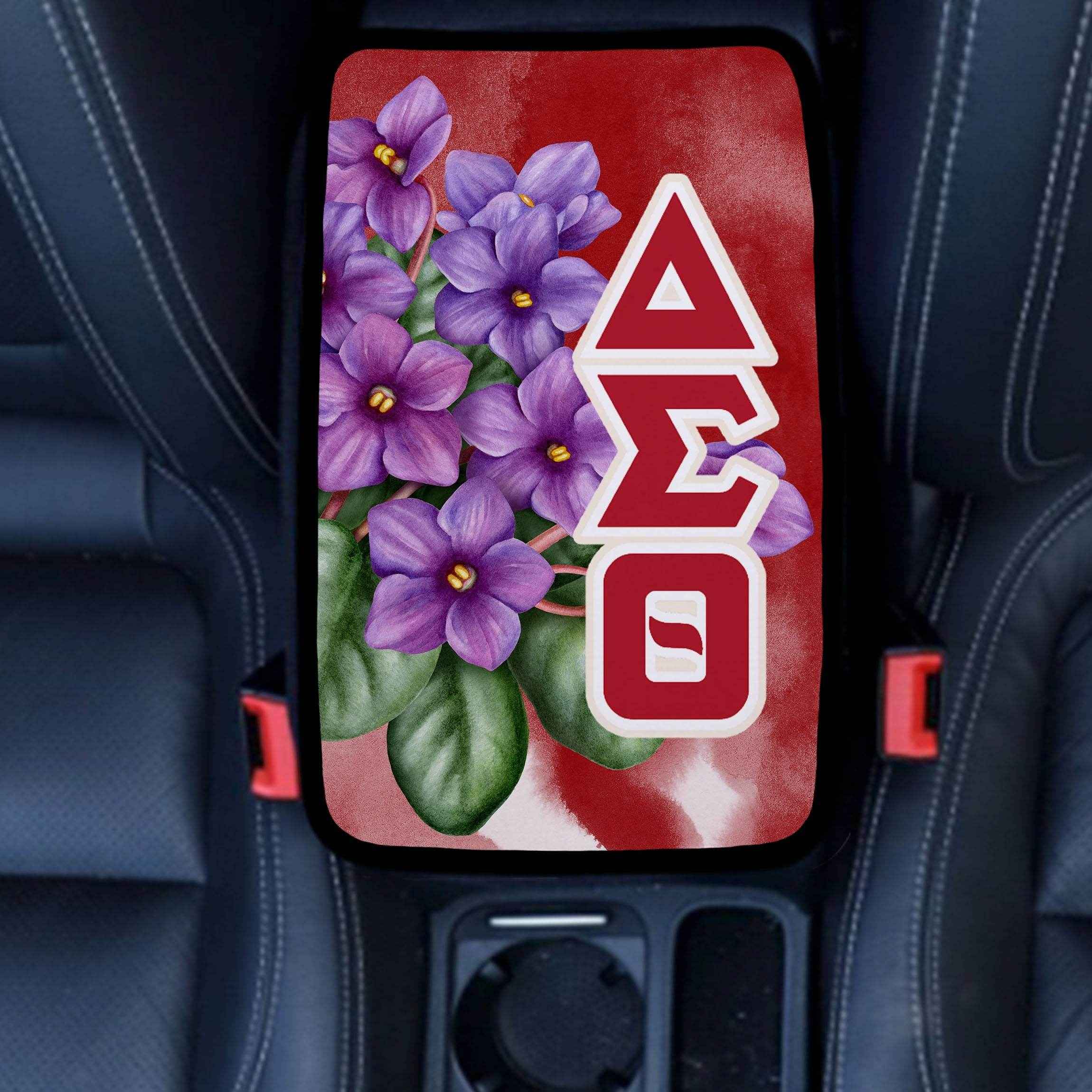 Car Center Console Cover - Delta Sigma Theta | African Violets and Greek Letters - Favors Decor and More