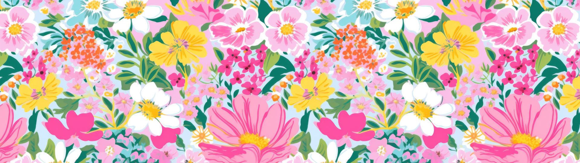 Header image of Blossom Bonanza — a lively pattern filled with vibrant pink, yellow, white, and coral flowers on a pastel background.