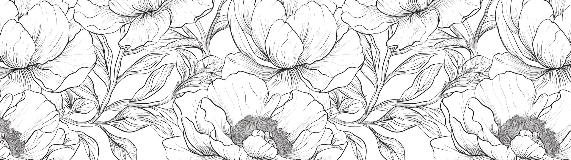 Seamless black and white floral line art pattern with detailed petals and leaves on a white background.