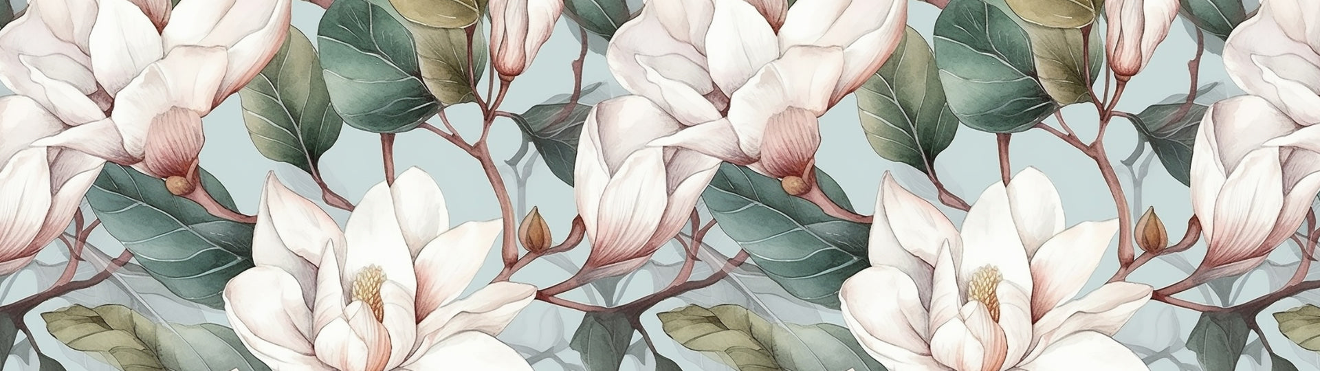 Watercolor magnolia pattern with ivory and blush petals, green leaves, and a muted blue background.