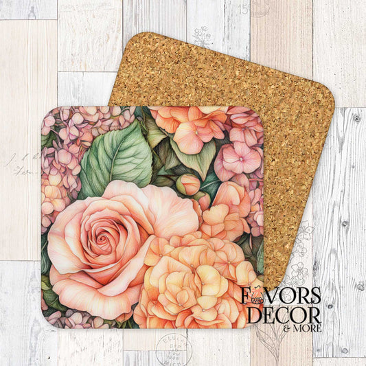 Floral design coaster with cork back on a wooden surface, branded 'Favors Decor & More'.