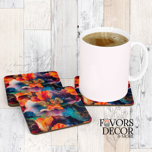 Aurora Flame Coasters with a white coffee mug sitting on one, showcasing a vibrant abstract floral design in fiery orange, red, blue, and purple tones with shimmering gold accents, against a light wood background