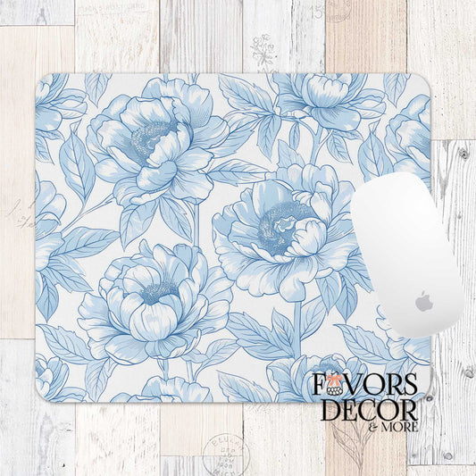 Mouse pad featuring soft blue peony floral line art on a light background, shown with a white Apple mouse and “Favors Decor &amp; More” logo.