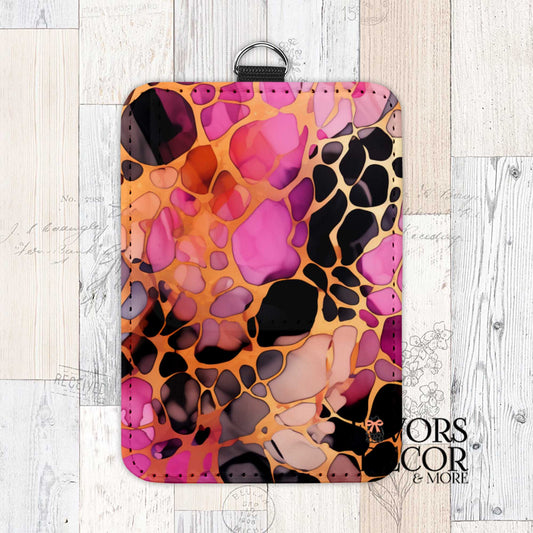 Berry Cheetah Card Holder with abstract pink, purple, orange, and black leopard/cheetah print, featuring a black keychain ring.