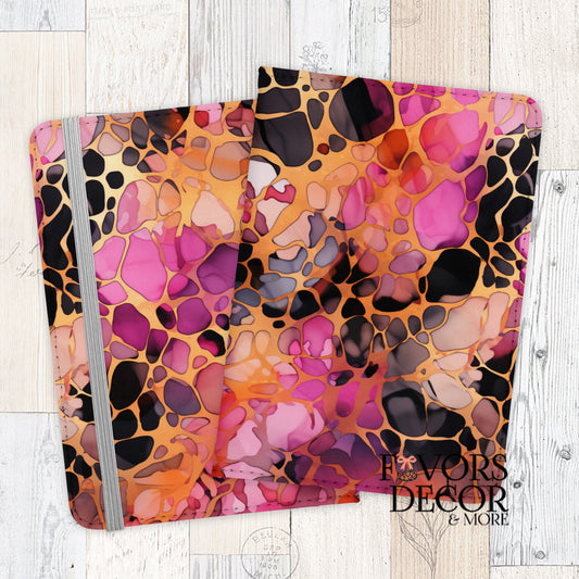 Berry Cheetah Passport Cover with a vibrant abstract leopard print in pink, purple, orange, black, and gold, showing front and back.