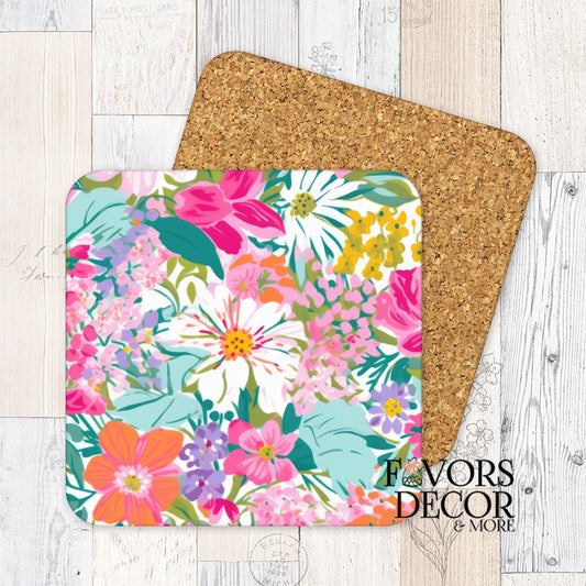 Colorful floral coaster with cork backing featuring bold pink, yellow, orange, and purple flowers on a white background.
