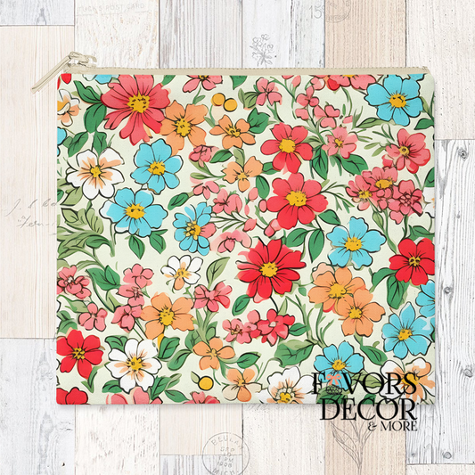 Reusable sandwich pouch with colorful cottage carnival floral pattern on cream background