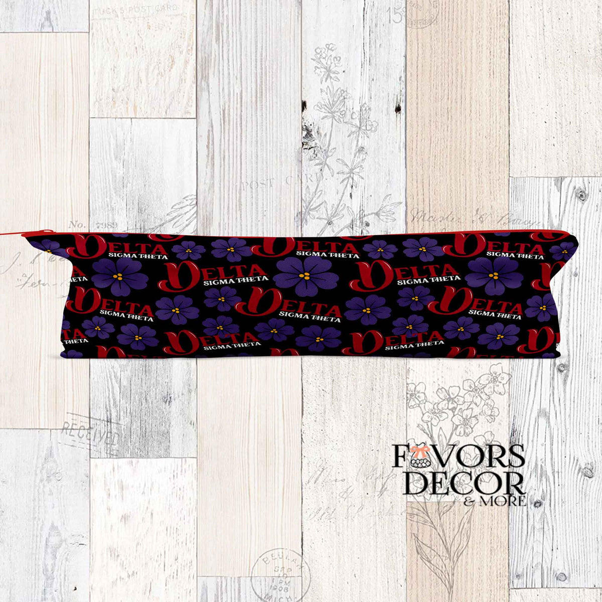Decorative headband with floral and letter design on a wooden surface, branded 'Favors Decor & More'.