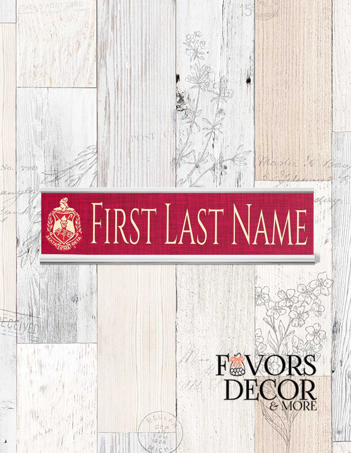 Personalized Delta Sigma Theta name plate with custom name and Sorority Crest, displayed on a desk as a sorority gift or office accessory.