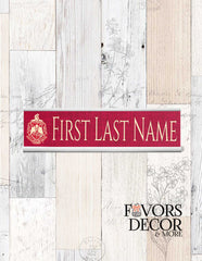 Personalized Delta Sigma Theta name plate with custom name and Sorority Crest, displayed on a desk as a sorority gift or office accessory.