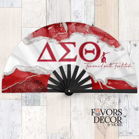 Delta Sigma Theta clack fan featuring the Greek letters ΔΣΘ, red and white marble pattern with silver accents, and the phrase “Forward with Fortitude” beside the Fortitude silhouette.