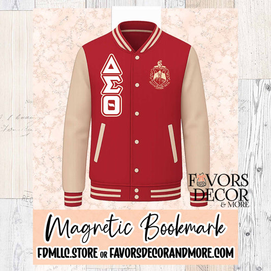Red and Cream  Delta Sigma Theta magnetic bookmark designed like a varsity jacket with ΔΣΘ letters and sorority crest.