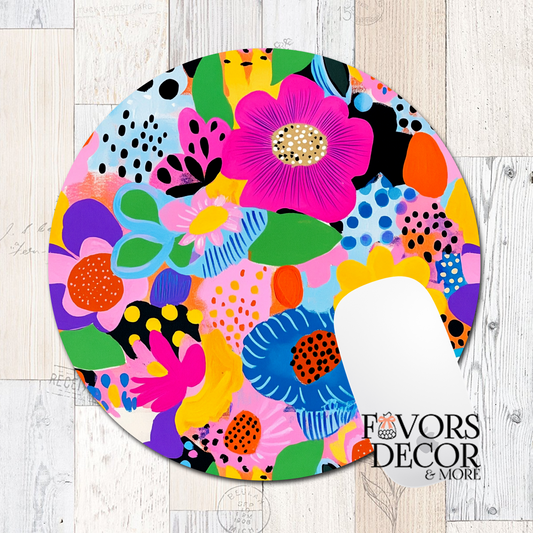 Colorful floral design on a circular object with 'Favors Decor & More' branding.