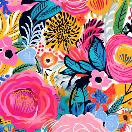 Colorful floral pattern with bright flowers and leaves on a black background