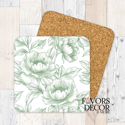 Botanical green floral cork coaster featuring soft line art of peonies with a white background and natural cork backing, styled on rustic wood.