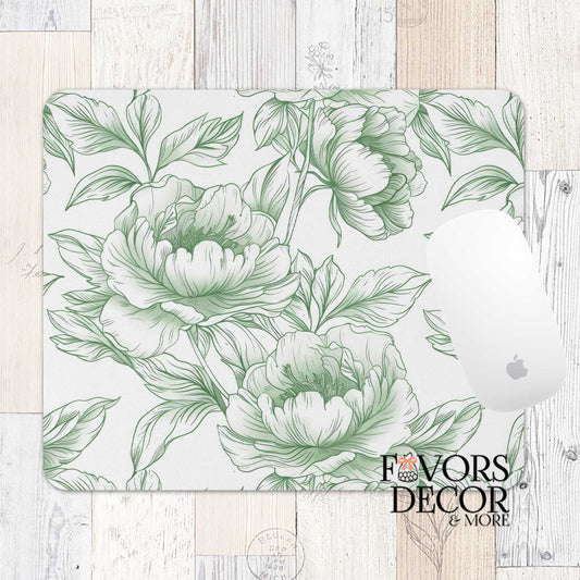 Mouse pad with green floral line art featuring peonies on a light background, shown with a white Apple mouse and “Favors Decor &amp; More” logo.
