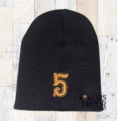 Beanie No Cuff Gold Alpha Line Number - Three Font Styles