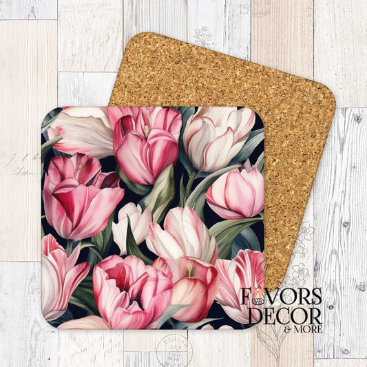 Floral coaster with pink tulips on a wooden surface, branded 'Favors Decor & More'.