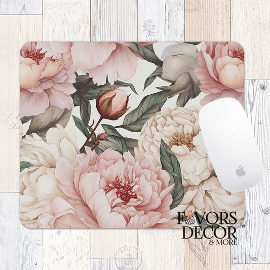 Mouse pad with blush and ivory peony floral design, styled on a rustic white wood surface with an Apple mouse.