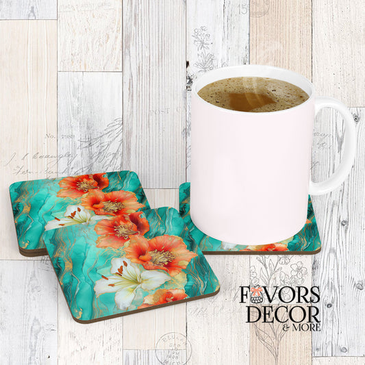 Three Island Ember Coasters with a white coffee mug sitting on one, showcasing a vibrant floral design of coral-orange and white flowers against a teal and gold abstract background.