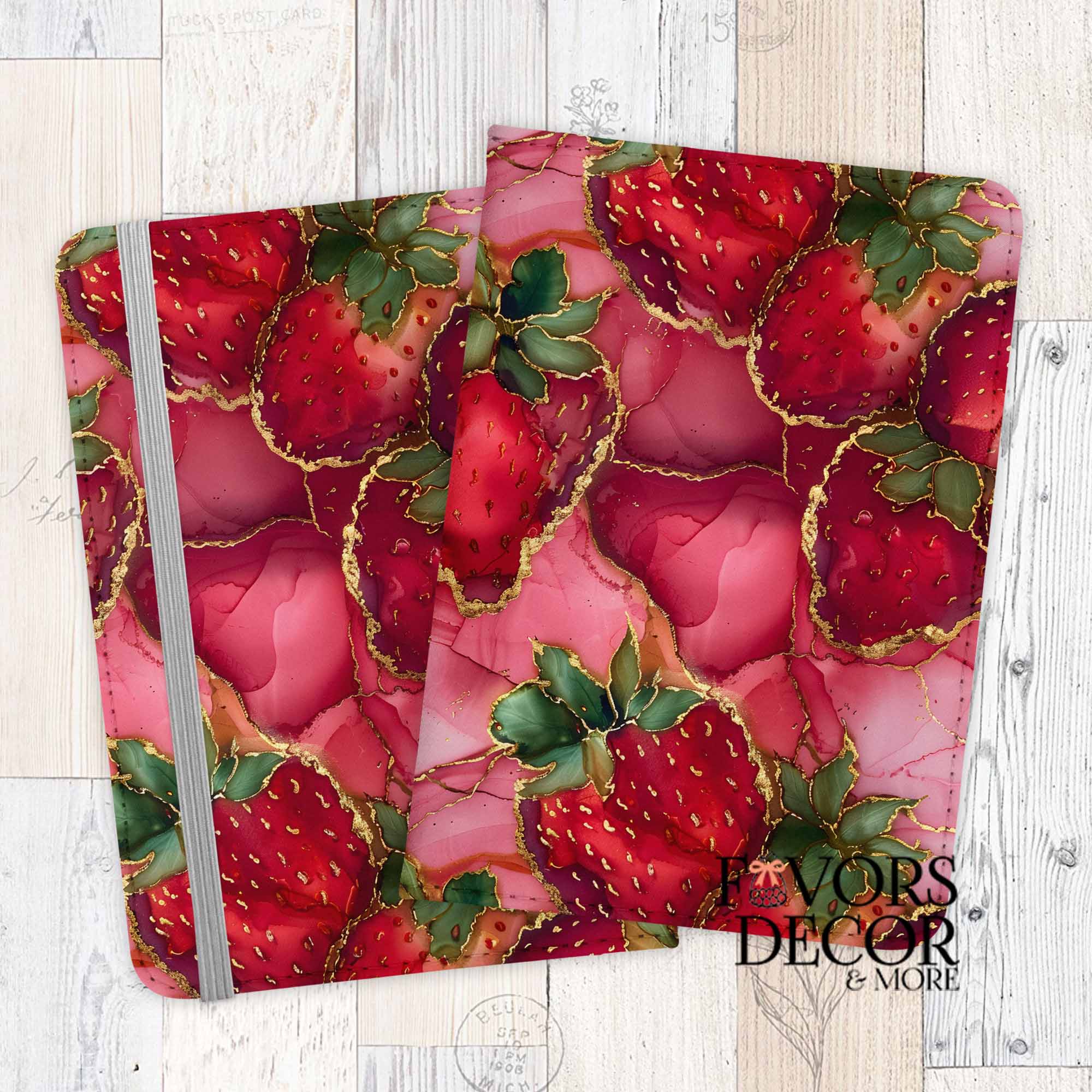 Jewelberry Kiss Passport Cover with a vibrant red strawberry pattern with gold outlines, showing front and back.