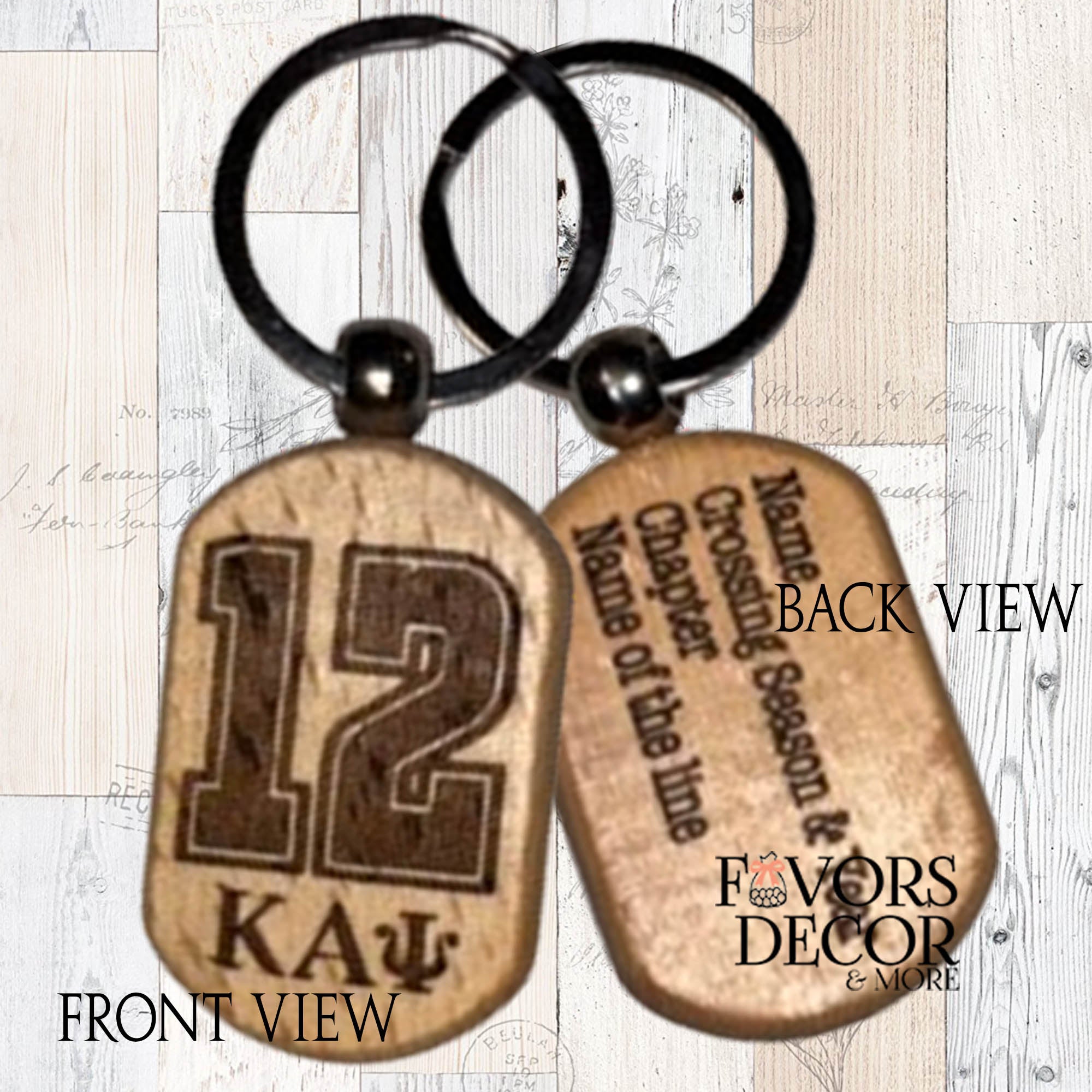 Custom engraved wooden fraternity keychain featuring line number and Greek letters on the front, with personalized name, chapter, crossing season, and line name on the back. Perfect Greek life keepsake for initiates and alumni.