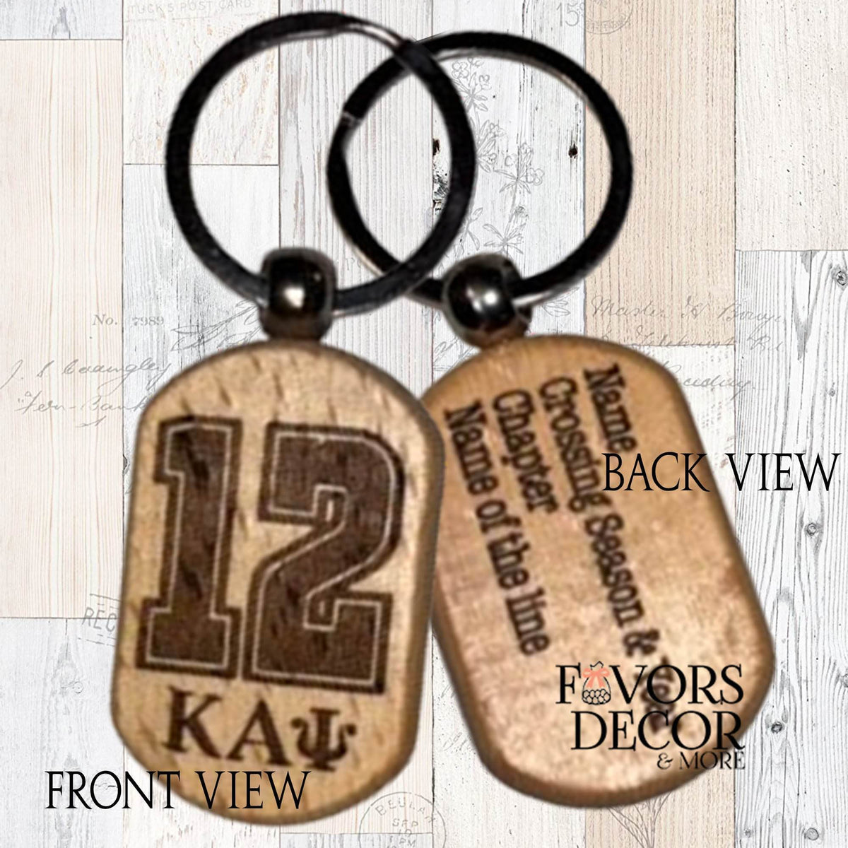 Custom engraved wooden fraternity keychain featuring line number and Greek letters on the front, with personalized name, chapter, crossing season, and line name on the back. Perfect Greek life keepsake for initiates and alumni.