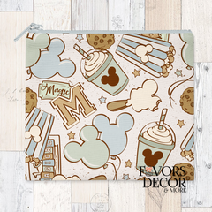 A reusable pouch with a pastel-colored pattern of Disney-inspired treats, including Mickey Mouse shaped ice cream bars, whipped drinks, cookies, popcorn, and balloons. The pouch has a light blue zipper closure.