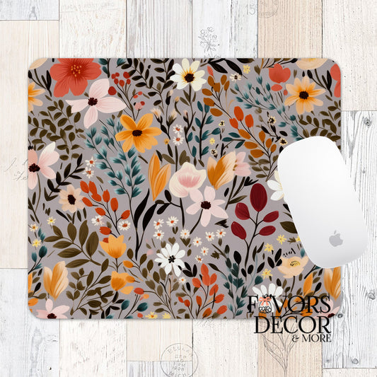 Mouse pad featuring Maple Harvest design with fall-toned florals in orange, blush, and ivory on a soft gray background, paired with a white Apple mouse.