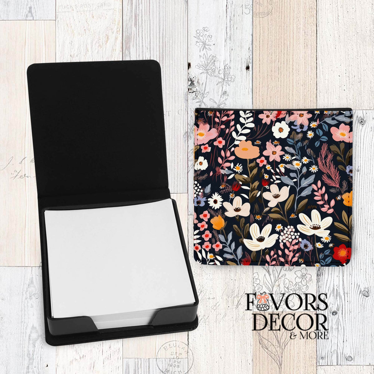 Black memo tray with stack of blank paper and lid featuring navy floral Midnight Garden design with blush, white, and mustard flowers.