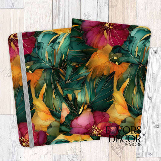 Tropical passport cover with green monstera leaves, gold accents, and bold alcohol ink floral design