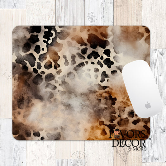 Mouse pad featuring neutral soft leopard print background with "Favors Decor & More" logo.