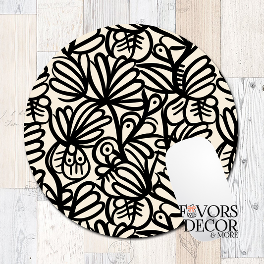 Round mouse pad with black botanical line art of flowers and leaves on a cream background, featuring a smooth fabric surface and non-slip rubber backing.