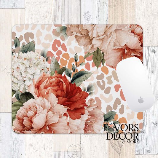 Mouse pad with coral and peach florals over a neutral leopard print background, featuring Favors Decor &amp; More branding.