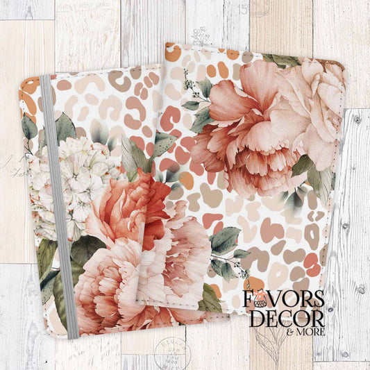 Passport cover with peach, coral, and ivory watercolor florals over a neutral leopard print background, featuring Favors Decor &amp; More branding.