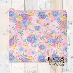 Floral-patterned pouch on a wooden surface with 'Favors Decor & More' branding.