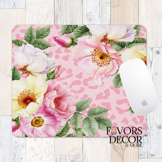 Mouse pad with pink floral watercolor roses and a light pink leopard print background, branded Favors Decor &amp; More.