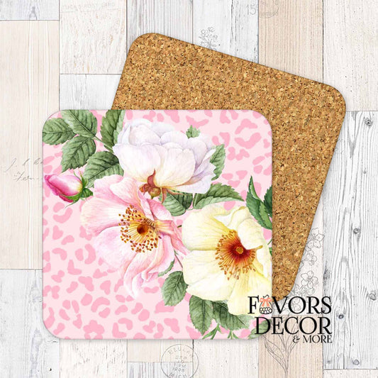 Square coaster with watercolor flowers and green leaves on a pink leopard print background with cork backing, from the Safari Bloom collection.