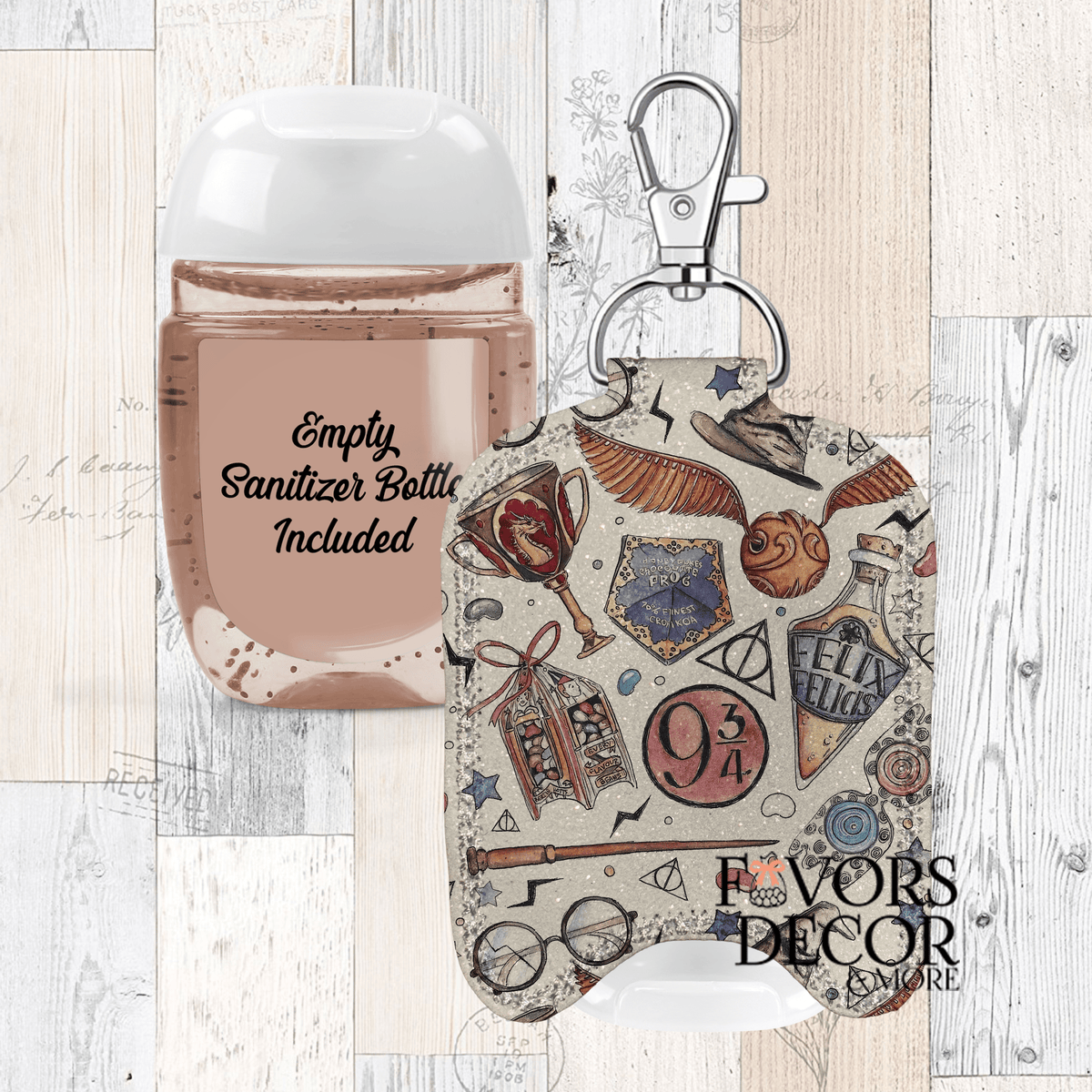 Hand Sanitizer Holder – Custom Printed Glitter Fabric Includes Empty Bottle - Favors Decor and More