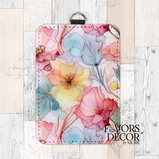 Serene Botanica Card Holder with a soft watercolor floral pattern in pink, blue, peach, and green, featuring a black keychain ring.