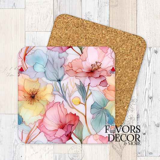 Close-up of a single serene botanica floral coaster showing its smooth top surface with a detailed watercolor flower pattern in pastel shades, and the natural cork backing.