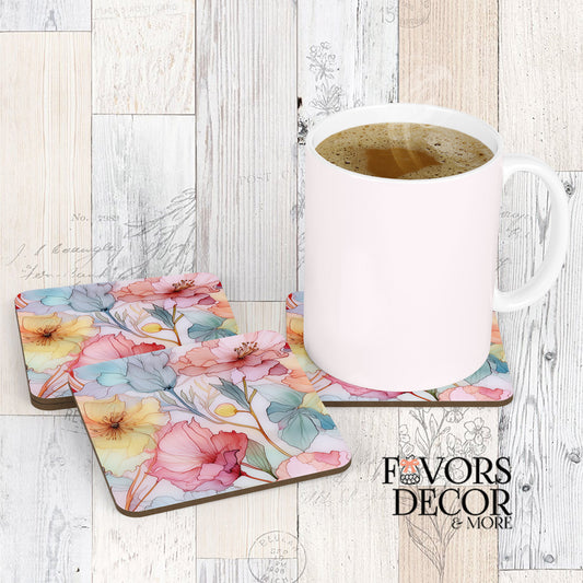 Three serene botanica floral coasters with a white coffee mug sitting on one, showcasing the delicate watercolor flower design in soft pastel colors like pink, blue, and yellow