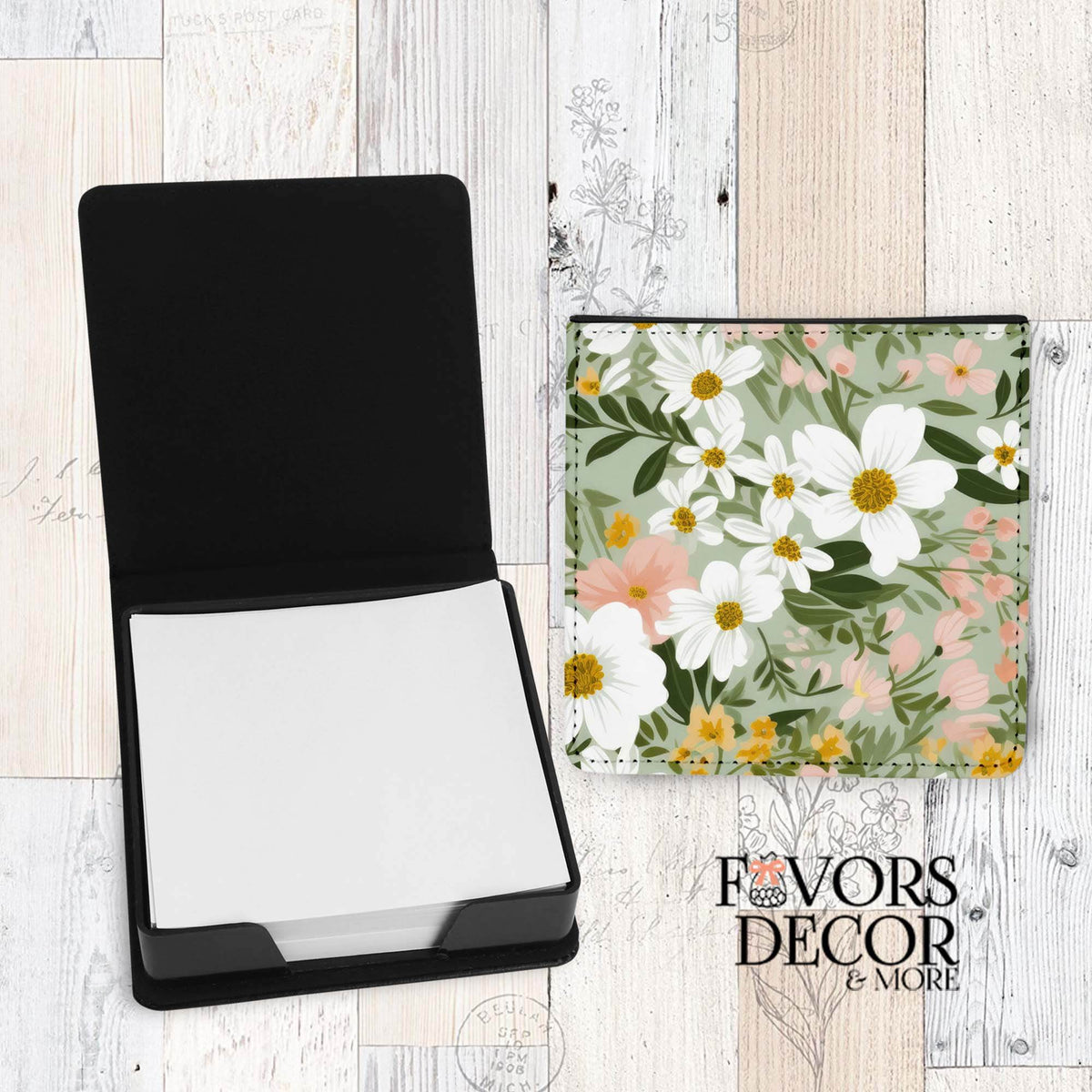 Black memo tray with blank notepad and lid featuring Soft Meadow floral design with white, yellow, and peach flowers on a green background.