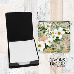 Black memo tray with blank notepad and lid featuring Soft Meadow floral design with white, yellow, and peach flowers on a green background.